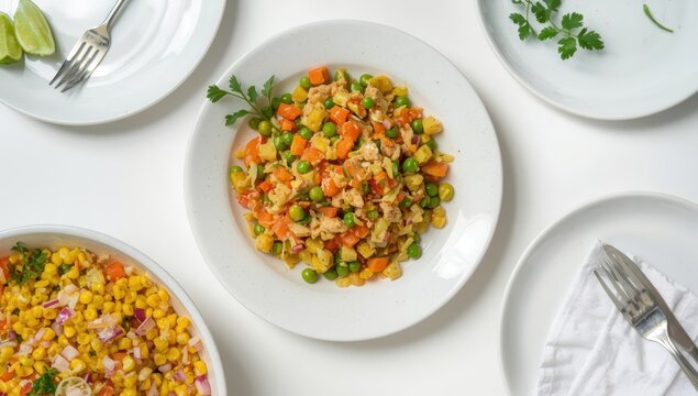 Nutritious tuna salad with canned mixed veggies on a white background. Mexican corn salad.