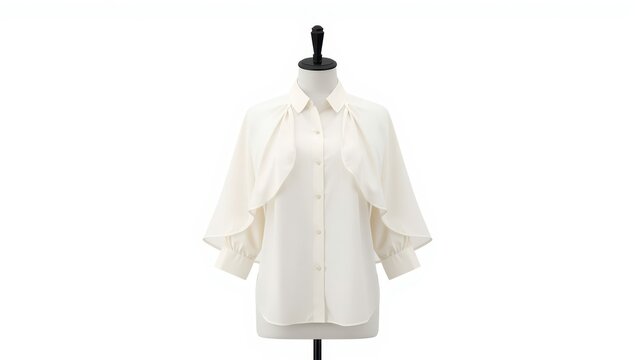 Women's blouse featuring a cape poncho overlay, collared long sleeve with button front, modern design, ghost mannequin mockup front view.
