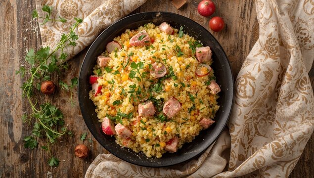 Nourishing couscous salad with tuna, radish, and parsley on beige fabric. Homemade tabbouleh. Mediterranean diet theme. Aerial perspective.