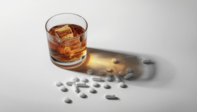 A whiskey glass with ice and white pills nearby on a light surface, illustrating the dangers of combining alcohol and drugs.
