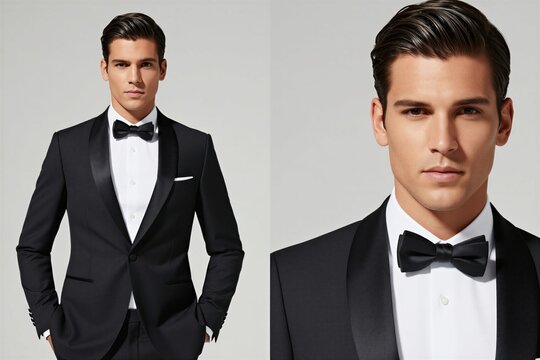 Handsome young man wears black tuxedo with bow tie. Caucasian male groom model looks at camera. Elegant guy poses in formal wedding suit against white background. Pro fashion photo of successful