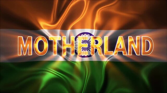 A Unique Cinematic text Motherland on black background with Indian flag vibes orange, white, green using celebrations events