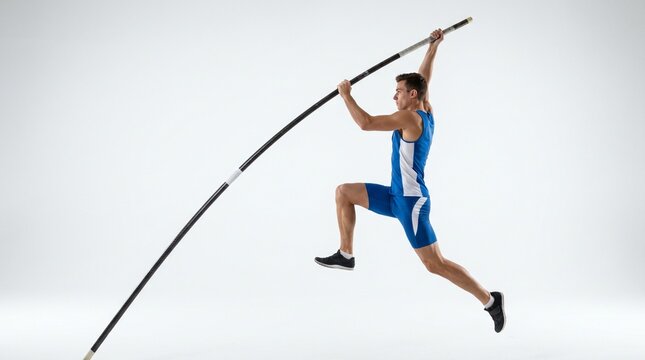 Male athlete pole vaulting in mid-air competition. Dynamic sportsman soaring over bar with fiberglass pole during track and field event.