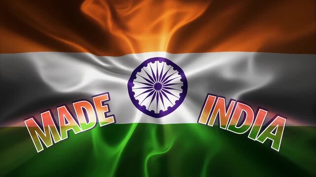 A Unique Cinematic text made India on black background with Indian flag vibes orange, white, green using celebrations events
