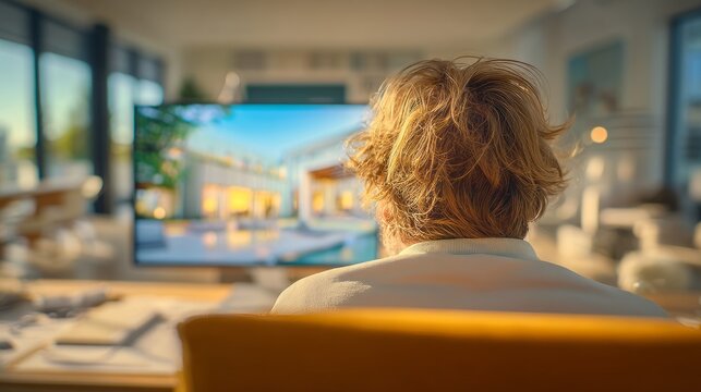 Person with light brown hair watching bright modern house on television screen