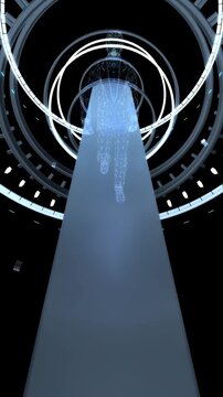 Artificial intelligence humanoid running in a futuristic tunnel