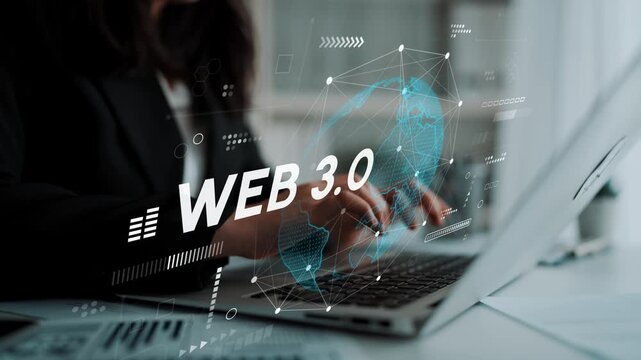 Business Professional Engaged in Web 3.0 Technology with Laptop in Modern Office Environment, Digital Connectivity and Data Visualization Concepts. Entropy.