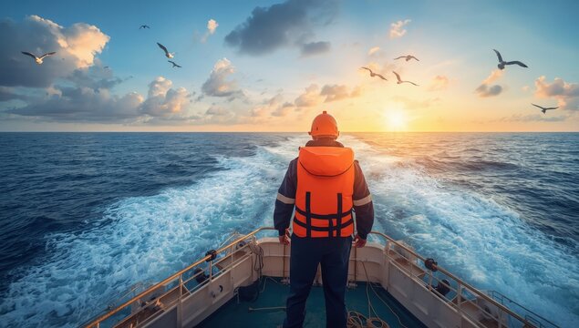 Crew member observed from the back performing routine deck tasks while the ship is in motion.