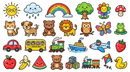 Fototapeta premium Cute kawaii doodle set featuring happy cartoon animals, fruits, and transportation icons. Colorful vector illustration for kids' designs, stickers, and educational graphics.