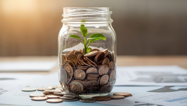 A jar filled with coins and a plant emerging, symbolizing savings, interest, fixed deposits, pensions, and social security.