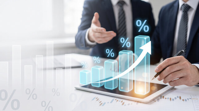 Business Professionals Analyzing 3D Bar Chart with Growth Arrow on Digital Tablet for Financial Performance and Market Strategy