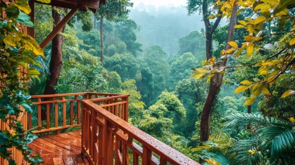 Fototapeta premium Wooden balcony overlooking lush green tropical forest after rain mist sunlight