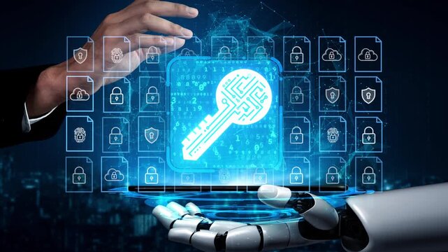 Futuristic Digital Security Concept with Robotic Hand and Lock Icons Representing Cybersecurity Technology and Data Protection Strategies. Entropy.