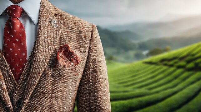 Elegant man wearing brown tweed jacket and red tie with blurred landscape background