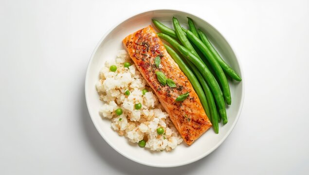 Nourishing Mediterranean lunch - baked salmon, rice, peas, and green beans on a light surface, overhead view.