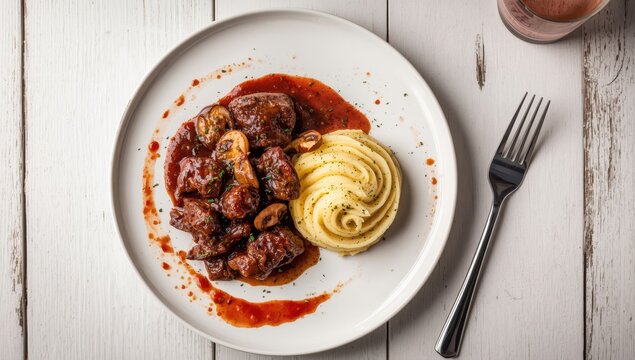 Braised beef in red wine, served with mashed potatoes, on a white wooden table with a fork and tomato sauce.