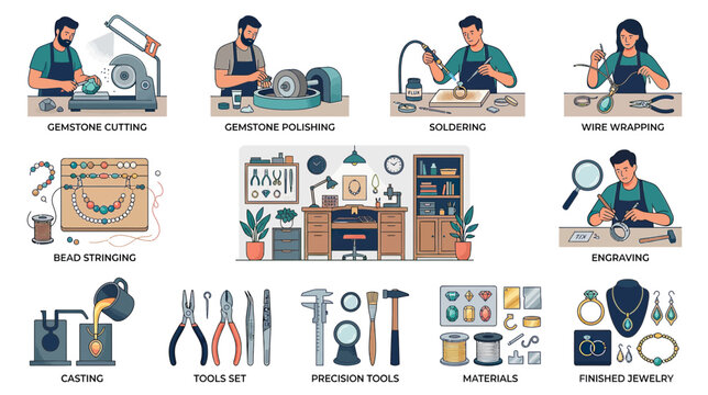 Jewelry Making Process Flat Design Icons