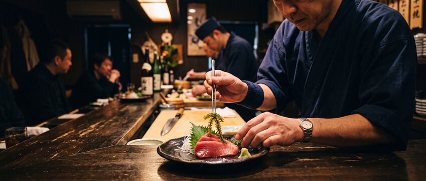 Sushi chef skillfully preparing fresh tuna sashimi with intricate decoration, japanese cuisine expertise