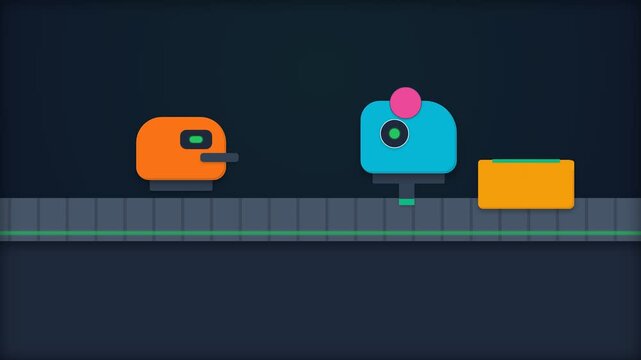Minimalist 2D Animation Featuring Orange and Blue Geometric Characters on a Conveyor Belt.