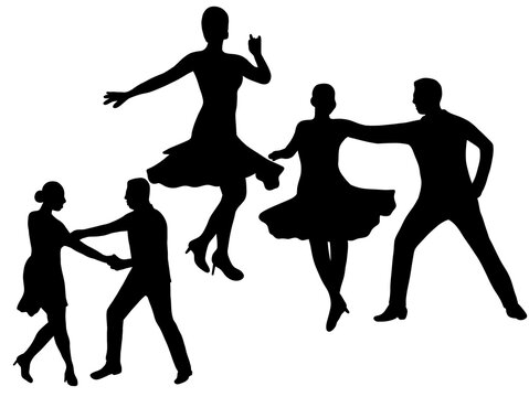 Elegant Ballroom and Latin Dance Couple Silhouettes Collection. Ballroom Dance Couple Silhouette Collection with Elegant Partner Poses. Social Ballroom Dancing Silhouette Vector Set Isolated on White.