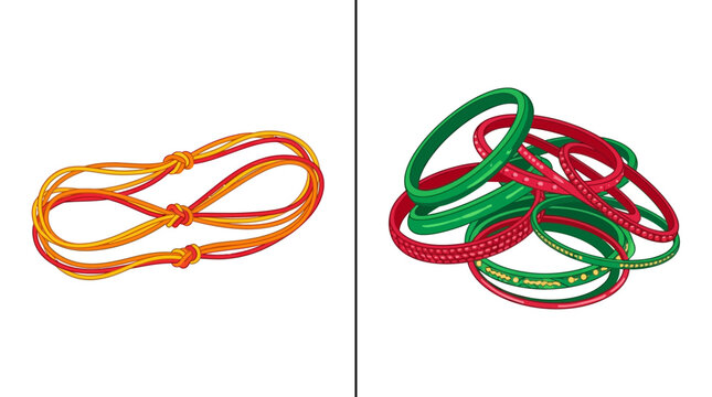 Colorful traditional bangles and elastic cords vector illustration set