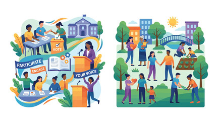 Naklejka premium Flat vector illustration showing civic engagement and community unity activities