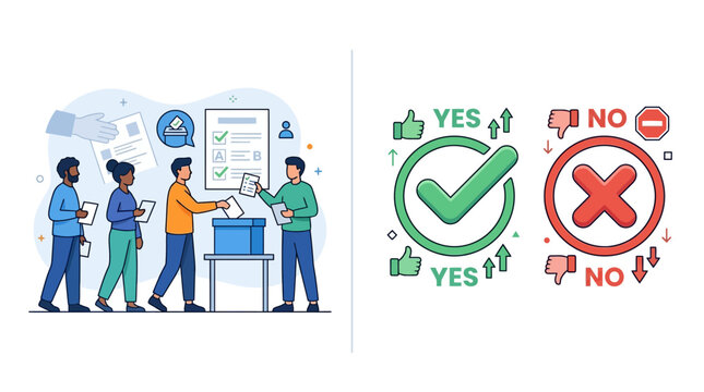 Flat vector illustration of people voting and decision symbols