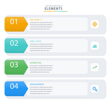 Vector infographic elements with 4 numbered steps and icons. Vertical list template with chevron tabs for business presentation. Can be used for report, web design.