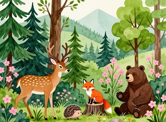 Naklejka premium Cute woodland animals illustration. Deer, fox, bear, and hedgehog in forest. Watercolor art with trees, mountains, and flowers. Ideal for kids room decor or children books.