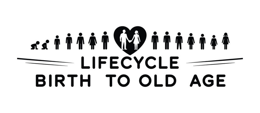 Human Lifecycle from Birth to Old Age: A symbolic representation of the human journey, illustrating stages from infancy to old age with figures arranged in a chronological line.