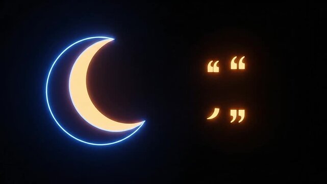A glowing crescent moon shape next to punctuation marks on a dark background