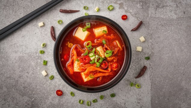 Spicy Korean soup with kimchi, tofu, and vegetables. Healthy hot dish. Top view on stone background.