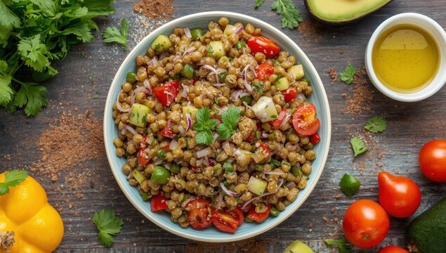 Vegetable lentil salad, nutritious vegetarian and vegan snack, clean eating, detox diet. Cooking and veggie backdrop.