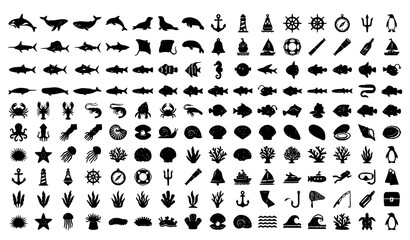 Comprehensive Marine Life and Nautical Vector Icon Set Featuring Fish, Sea Animals, Coral, Shells, and Ocean Symbols © MstMukta