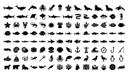 Comprehensive Marine Life Vector Icon Set Featuring Sea Animals, Fish, Shells, Coral, and Ocean Symbols © MstMukta