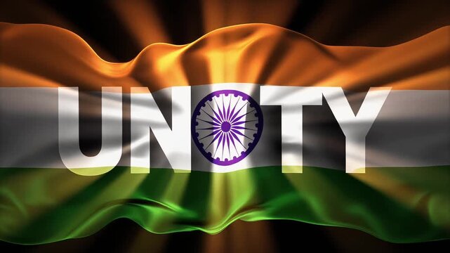 A Unique Cinematic text Unity on black background with Indian flag coolers orange, white, green vibes using celebrations events