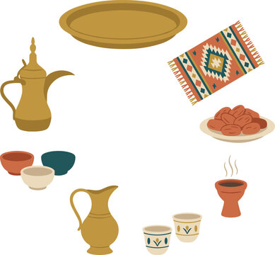 Traditional Arabic Coffee and Hospitality Circular Vector Icon Set with Dallah Pot, Sweet Dates, Finjan Cups, Ornate Pattern Rug, and Pitcher Elements