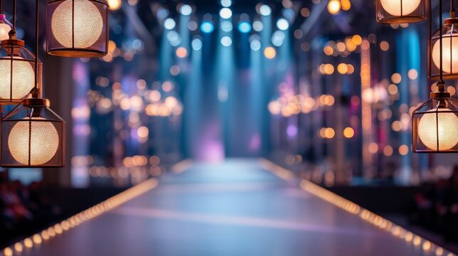 Elegant runway stage with hanging lantern lights and blurred background