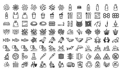 Marine Pollution and Ocean Plastic Waste Line Icons Set with Recycling, Sea Life Conservation, Cleanup, and Environmental Protection © MstMukta