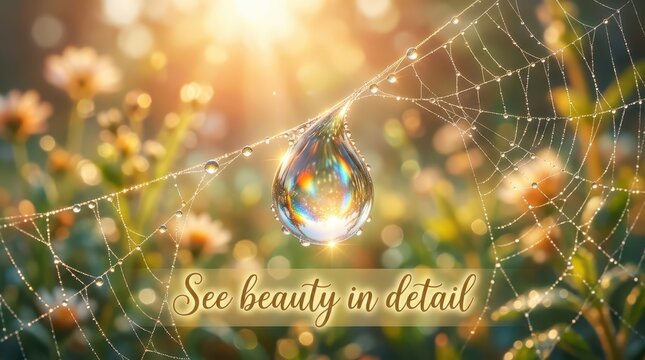 Macro shot of a dewdrop on a spiderweb reflecting sunlight, with soft focus flowers in the background, evoking nature's delicate beauty and morning li