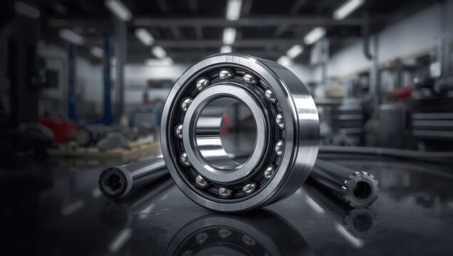 Glossy metal single-row circular roller bearing intended for handling radial and unidirectional axial loads of vehicles. Parts sale or repair at a workshop or auto service.