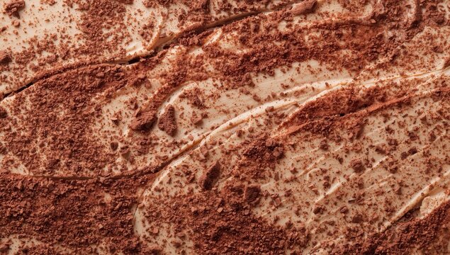 Detailed view of tiramisu as a textured backdrop. Classic Italian no-bake treat featuring savoiardi, mascarpone cheese, coffee, and cocoa powder. Close-up image.