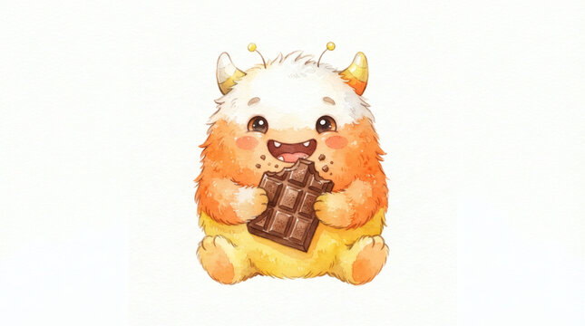 Cute Fluffy Monster Character Eating A Delicious Chocolate Bar Illustration