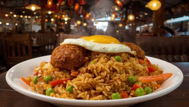 Tasty Indonesian fried rice with meatballs, eggs, and fresh veggies. Genuine spicy street food taste, ideal for a fulfilling lunch or dinner.