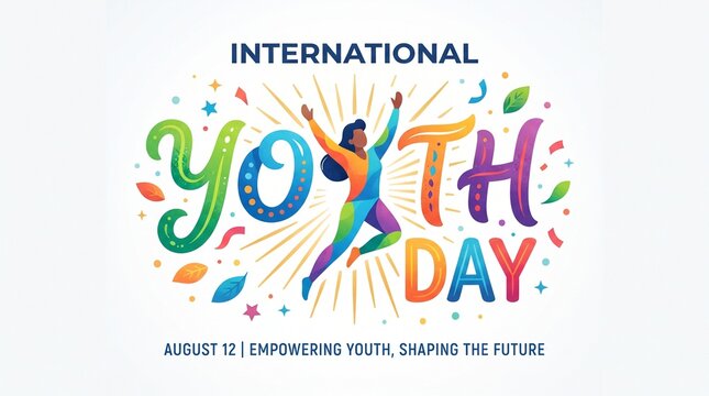 A cheerful International Youth Day celebration poster featuring artistic handwritten typography with colorful letters