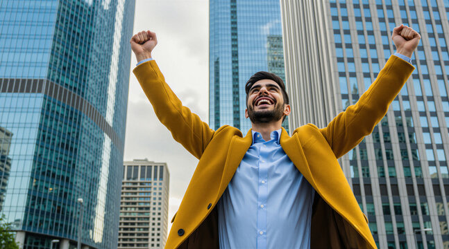 Man with raised arms celebrates success amidst city skyscrapers. He looks up with joy, expressing freedom and achievement in modern urban environment. This photo symbolizes triumph and career growth.
