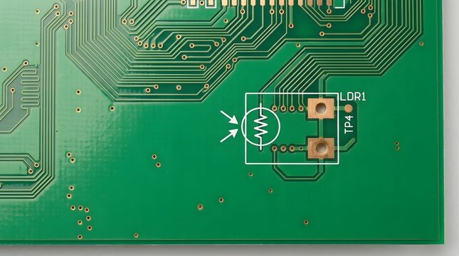 Close up view of a green printed circuit board with a light sensor LDR component footprint.