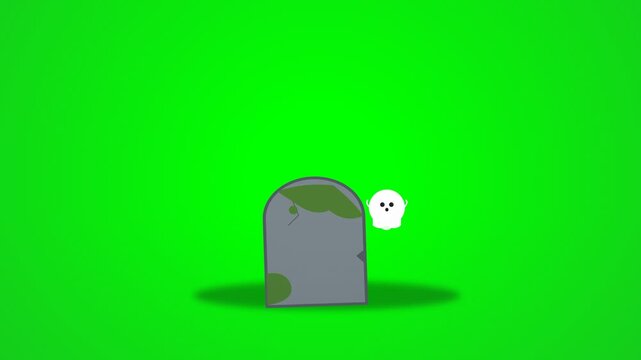 Cute Cartoon Ghost Peeking Out From Behind A Spooky Gravestone On Green Screen.