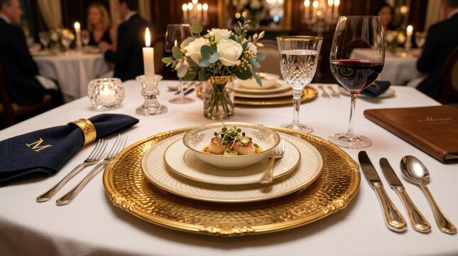 Close up view of premium corporate event gala dinner seating arrangement table setup under warm ambient lighting