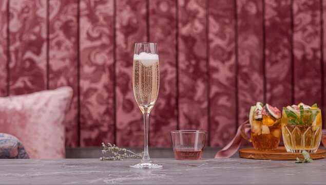 Sparkling white wine from Valdobbiadene, Italy, on a pink velvet backdrop; enjoyable homemade cocktail hour.